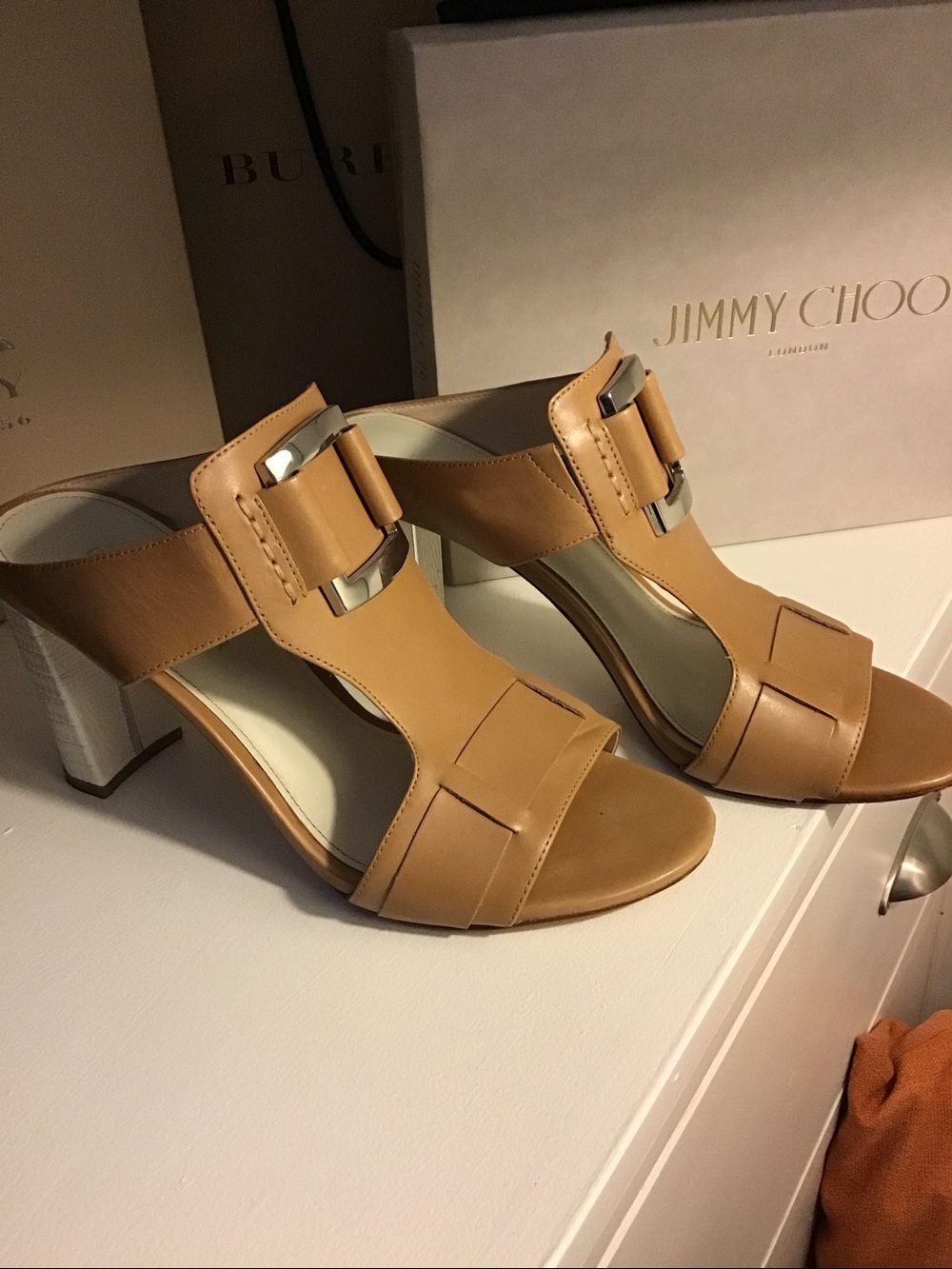 Donald J. Pliner Tan T-Strap Heeled Sandals with Silver Buckle